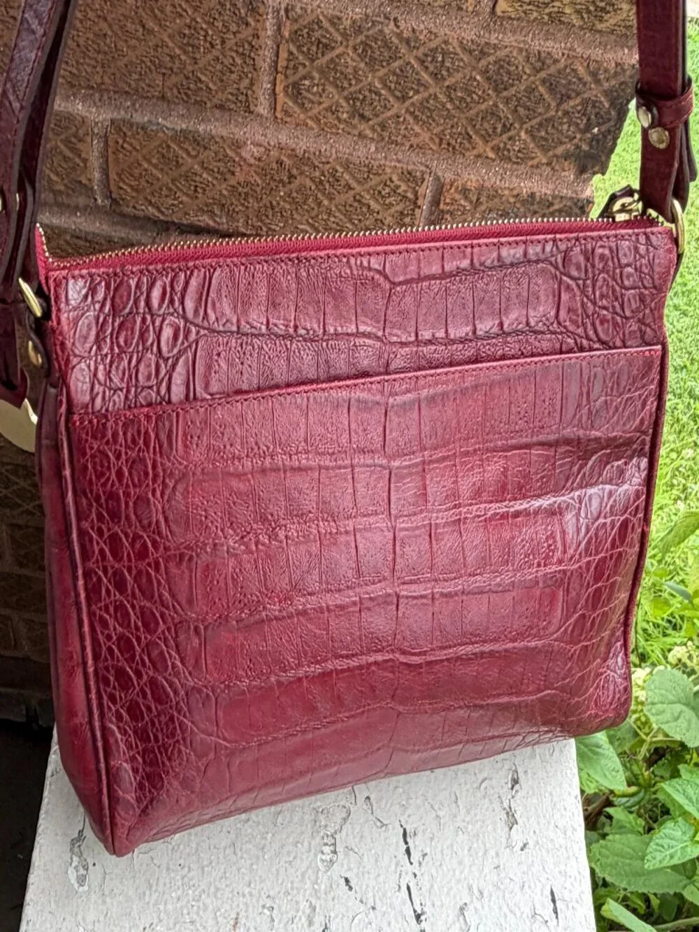 BRAHMIN Vintage 90s Melbourne Deep Red Bow Detail Top Zip Moc Croc Shoulder Bag